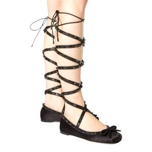 VALENTINO GARAVANI Rockstud Satin Ballet Flats EU 39 US 9 Black Wrap Around Shoe
